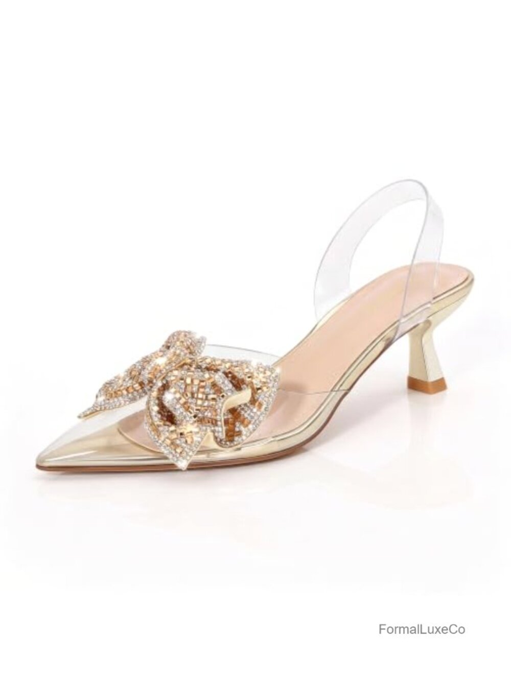 Crystal Bow Clear Slingback Kitten Heel Pumps Pointed Toe Party